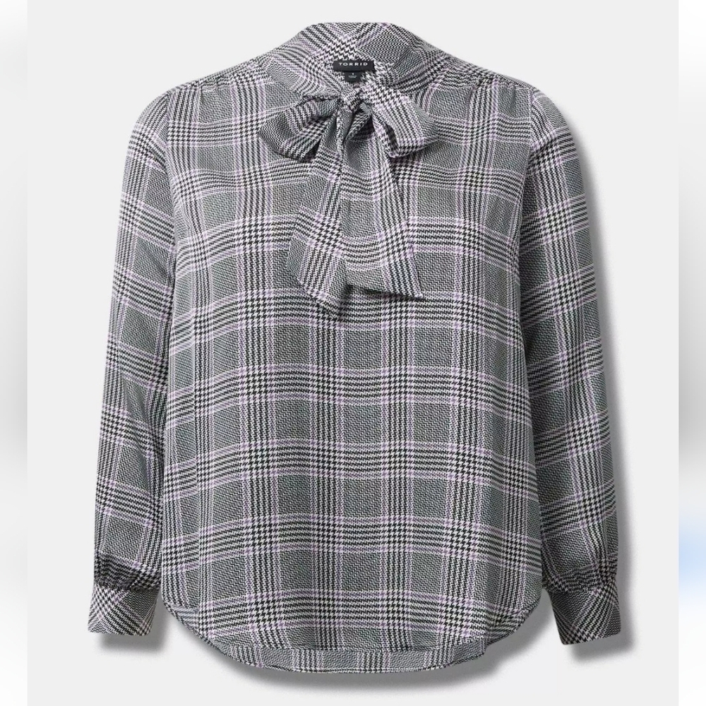 Torrid‎ Studio Bubble Bow Tie Neck Blouse Size 2X Long Sleeve Glen Plaid Shirt